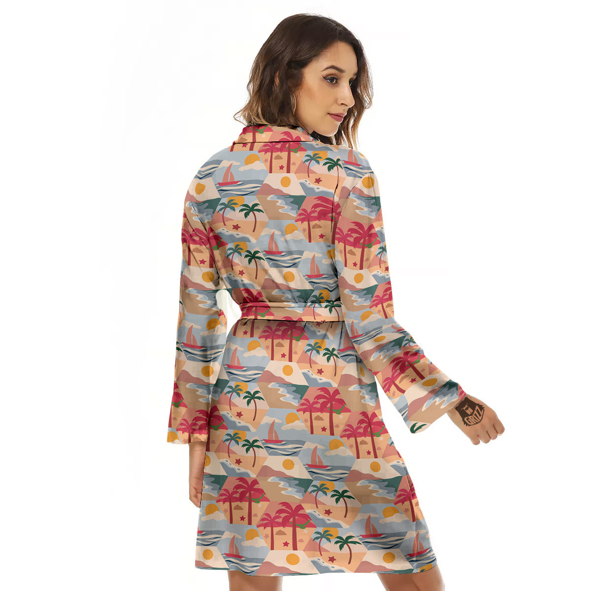 Patchwork Beach And Sunset Sky Print Pattern Women's Robe-grizzshop