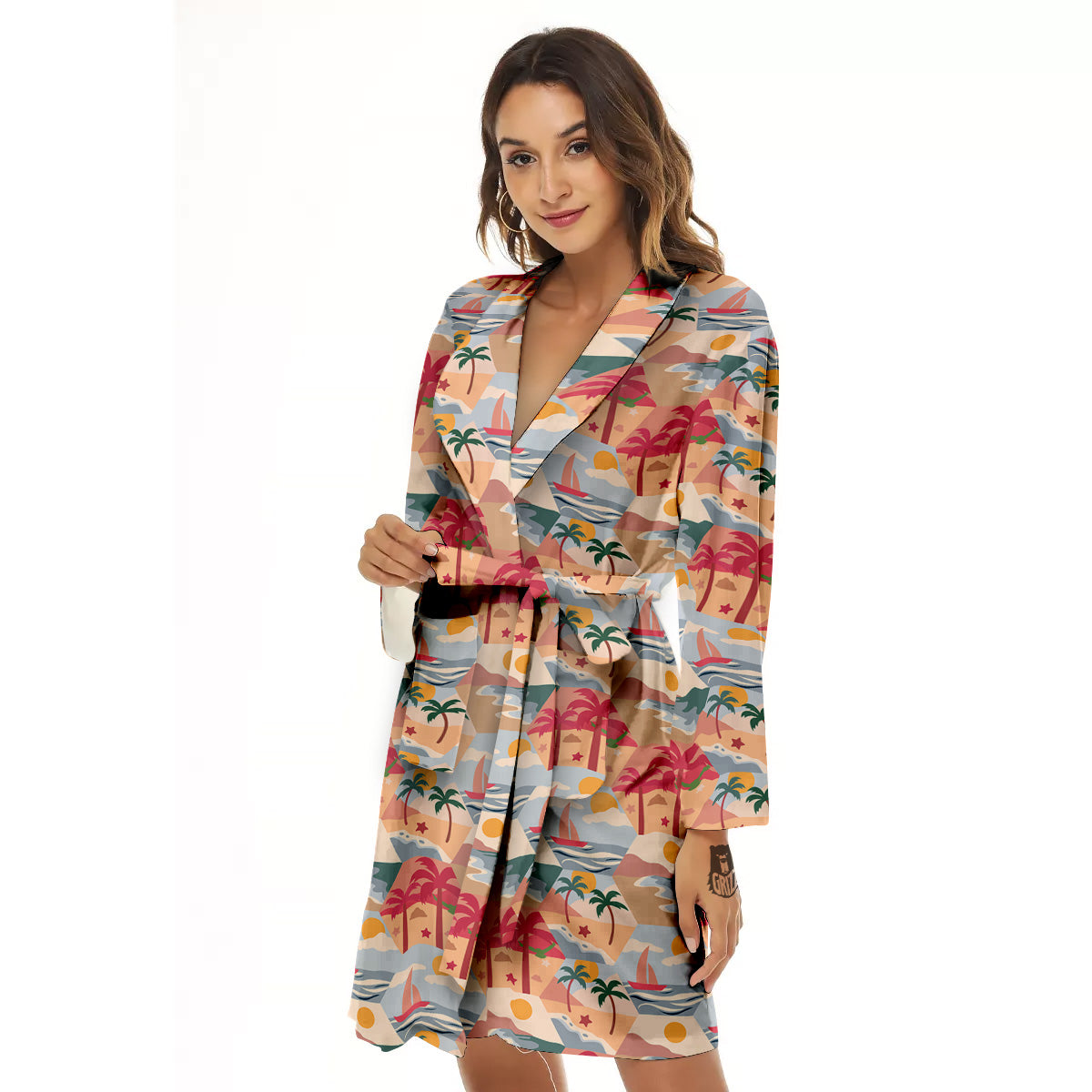 Patchwork Beach And Sunset Sky Print Pattern Women's Robe-grizzshop