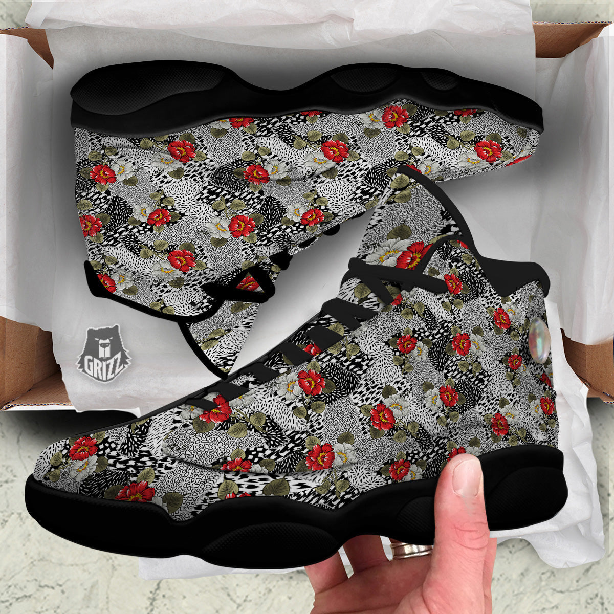 Patchwork Black White And Floral Print Pattern Black Basketball Shoes-grizzshop