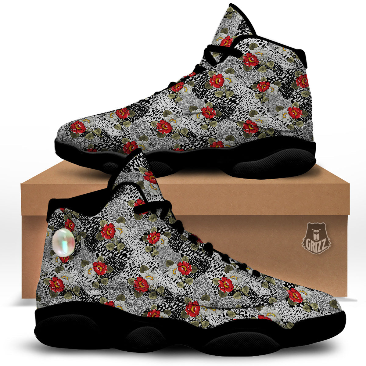 Patchwork Black White And Floral Print Pattern Black Basketball Shoes-grizzshop