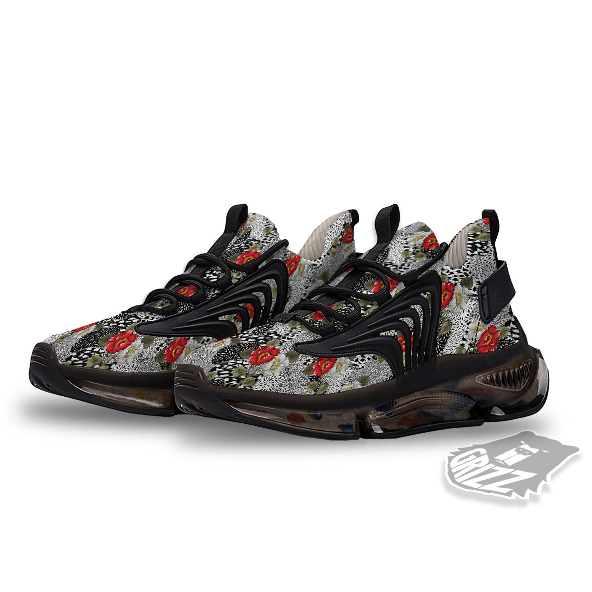 Patchwork Black White And Floral Print Pattern Black Gym Shoes-grizzshop