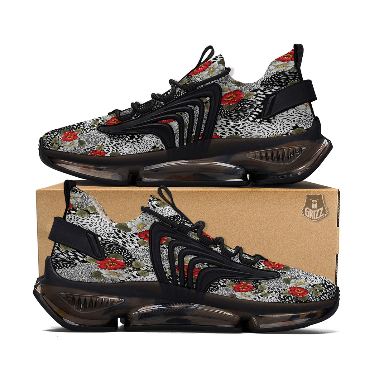 Patchwork Black White And Floral Print Pattern Black Gym Shoes-grizzshop