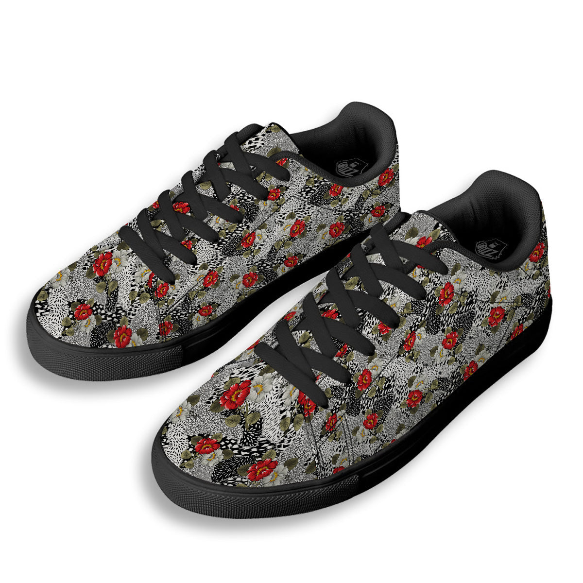 Patchwork Black White And Floral Print Pattern Black Low Top Sneakers-grizzshop