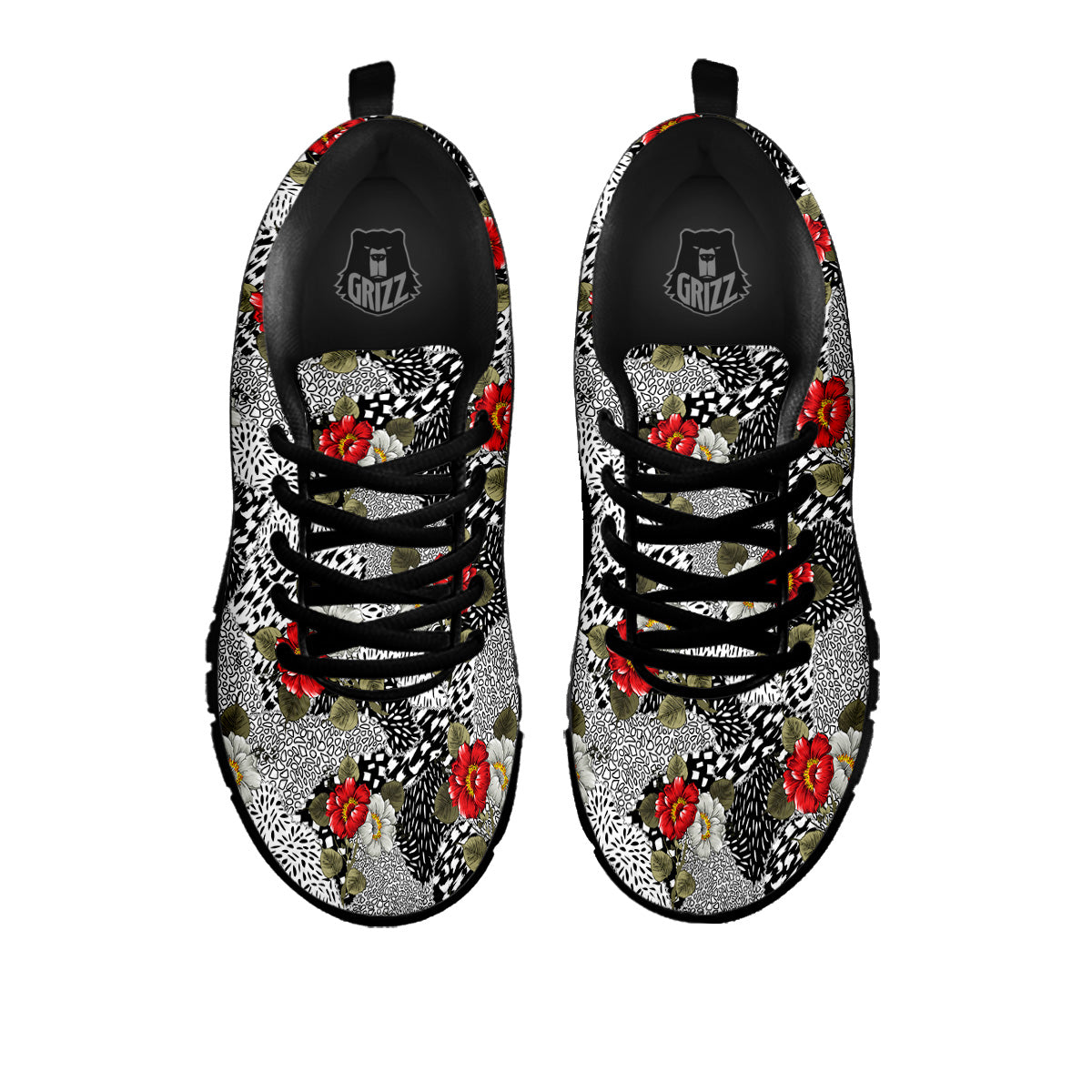 Patchwork Black White And Floral Print Pattern Black Sneaker-grizzshop