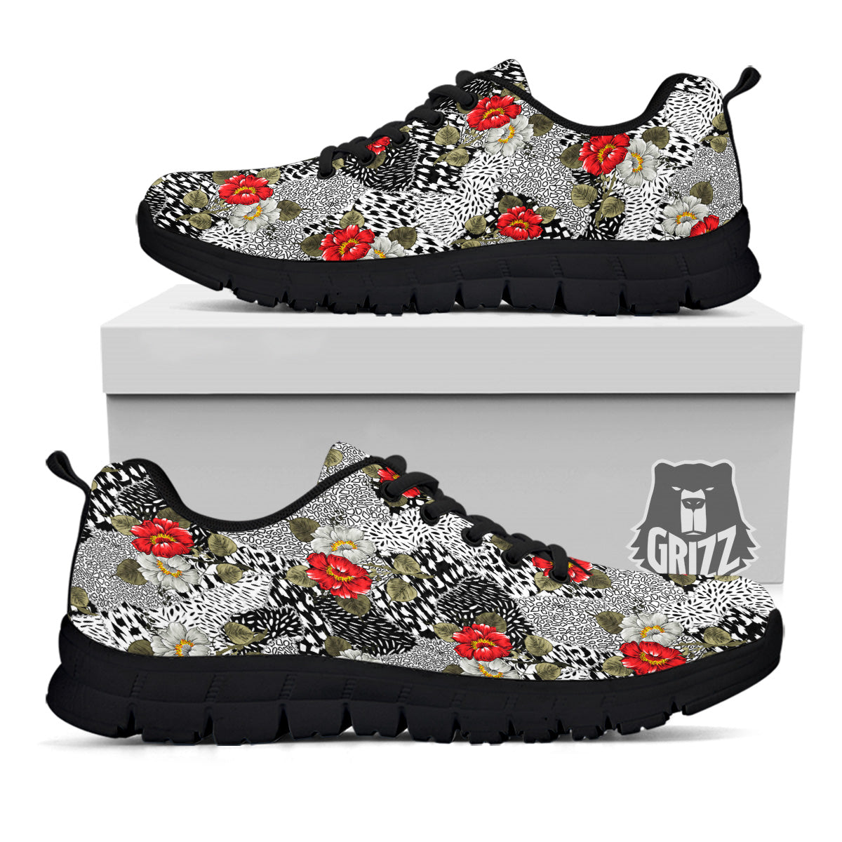Patchwork Black White And Floral Print Pattern Black Sneaker-grizzshop
