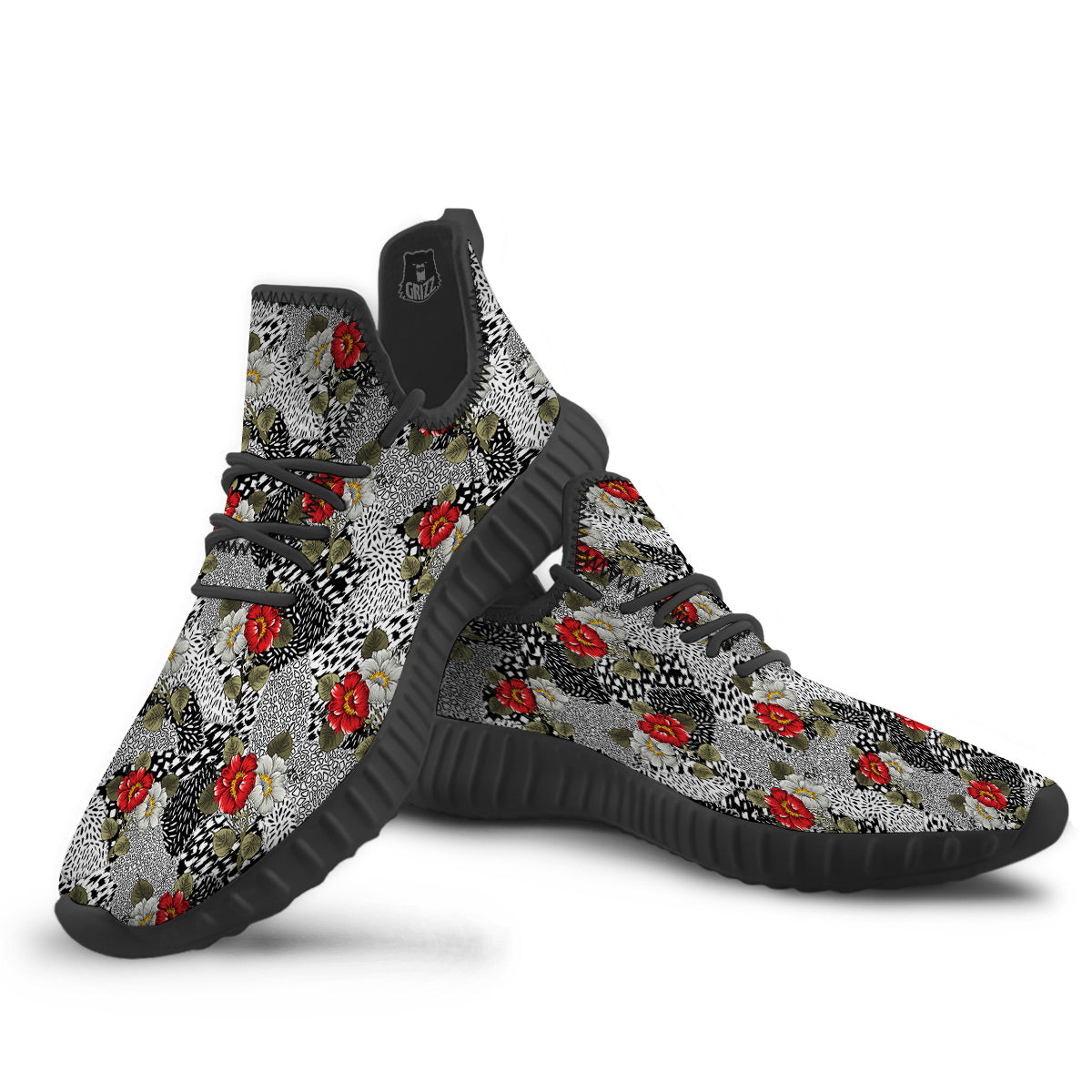 Patchwork Black White And Floral Print Pattern Black Walking Shoes-grizzshop