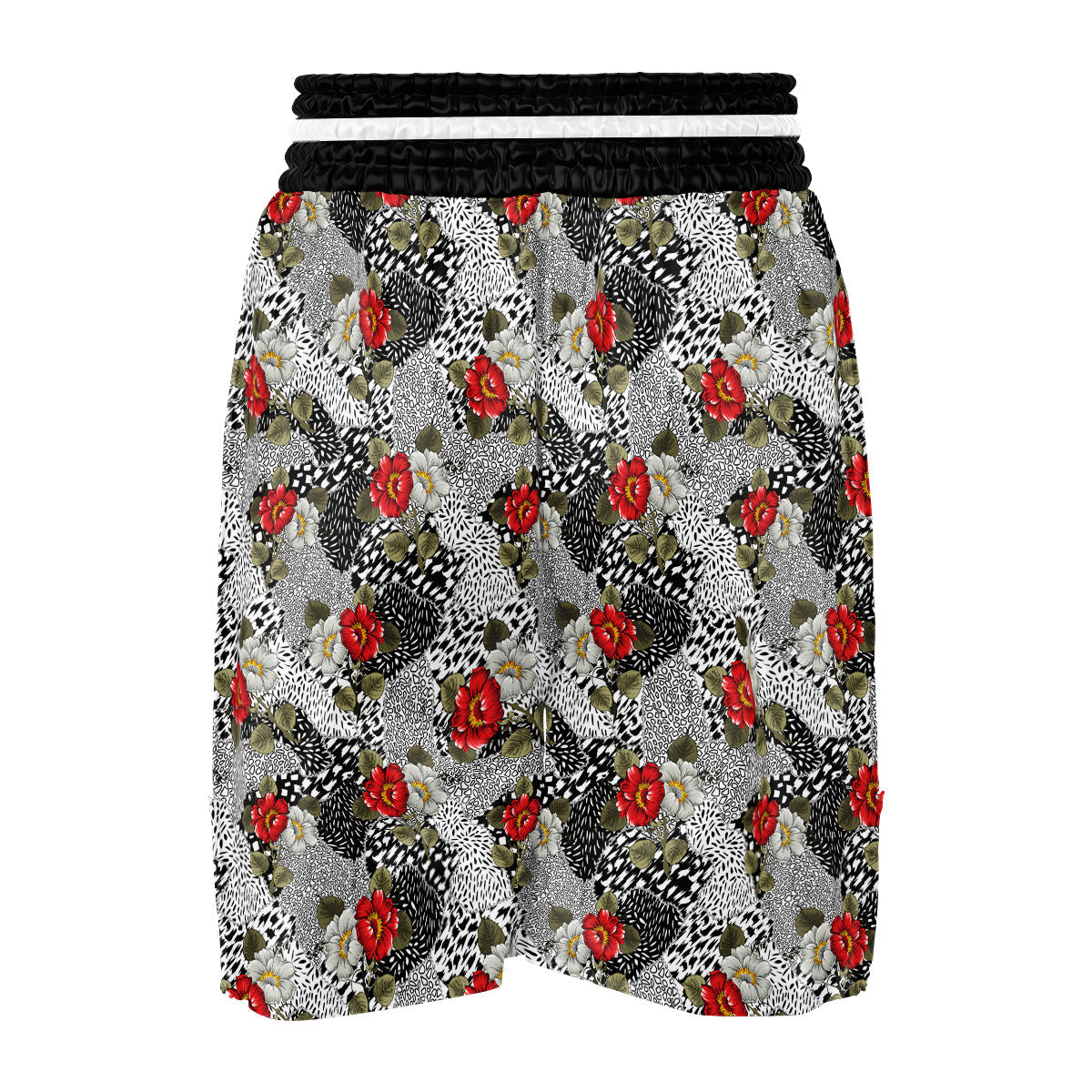 Patchwork Black White And Floral Print Pattern Boxing Shorts-grizzshop