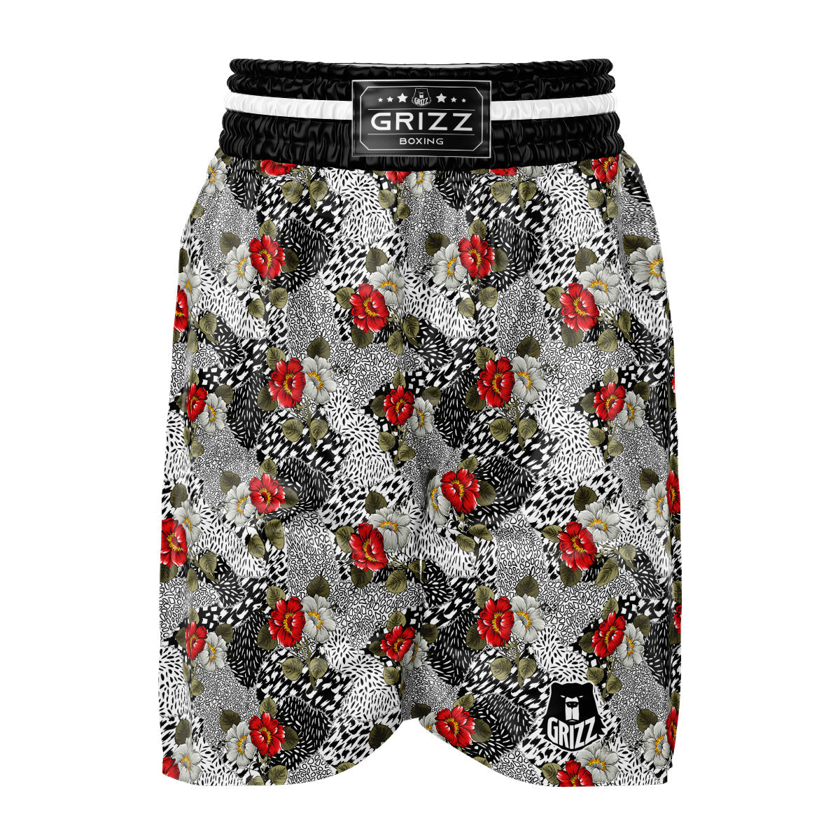 Patchwork Black White And Floral Print Pattern Boxing Shorts-grizzshop