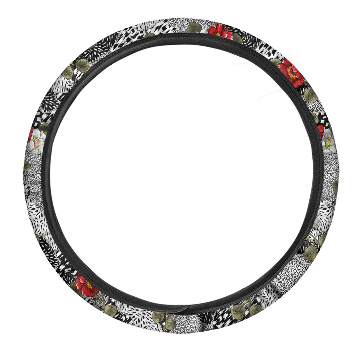 Patchwork Black White And Floral Print Pattern Car Steering Wheel Cover-grizzshop