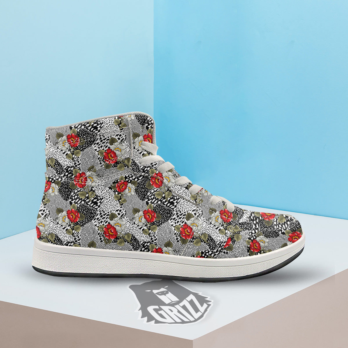 Patchwork Black White And Floral Print Pattern High Top Sneakers-grizzshop