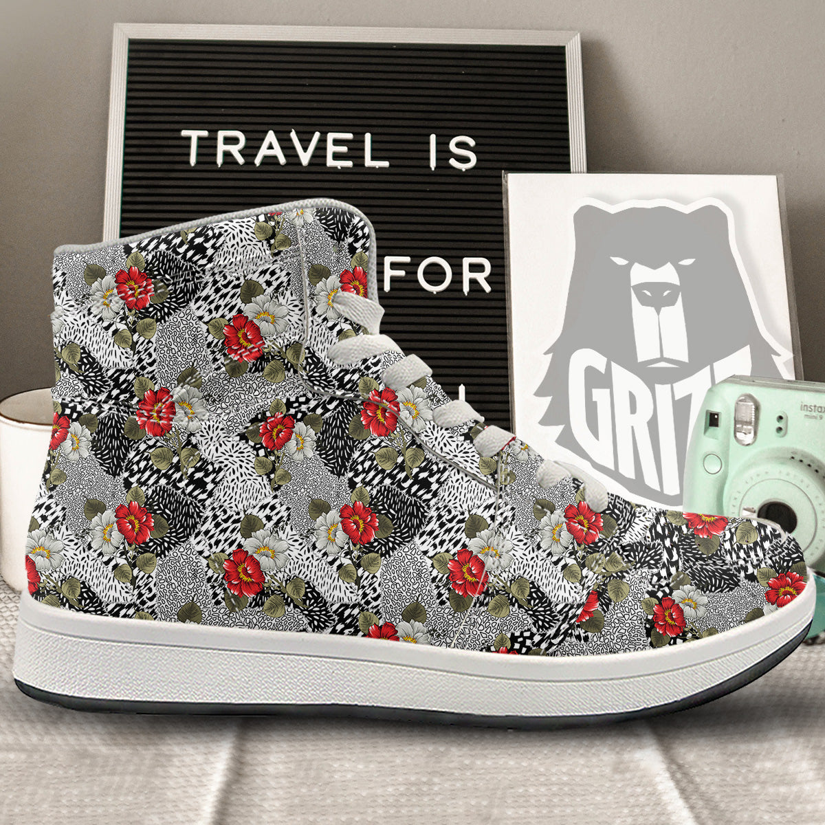 Patchwork Black White And Floral Print Pattern High Top Sneakers-grizzshop