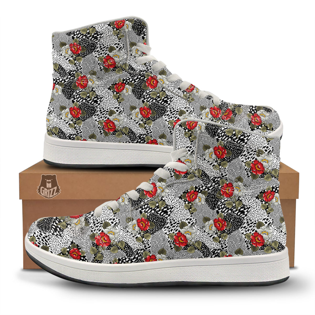 Patchwork Black White And Floral Print Pattern High Top Sneakers-grizzshop