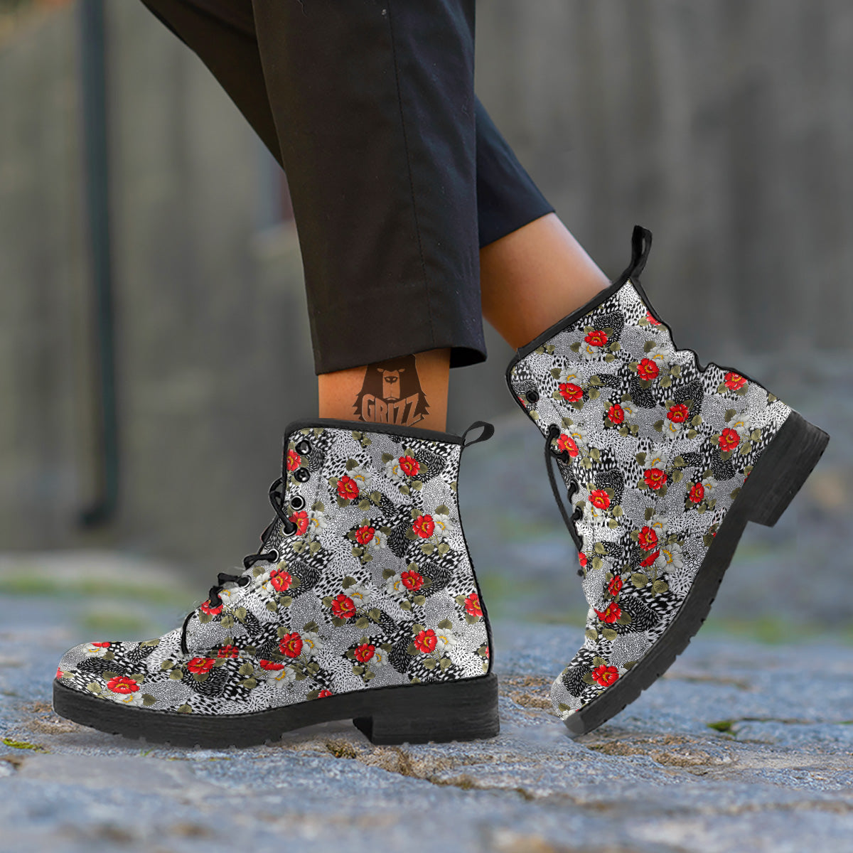 Patchwork Black White And Floral Print Pattern Leather Boots-grizzshop
