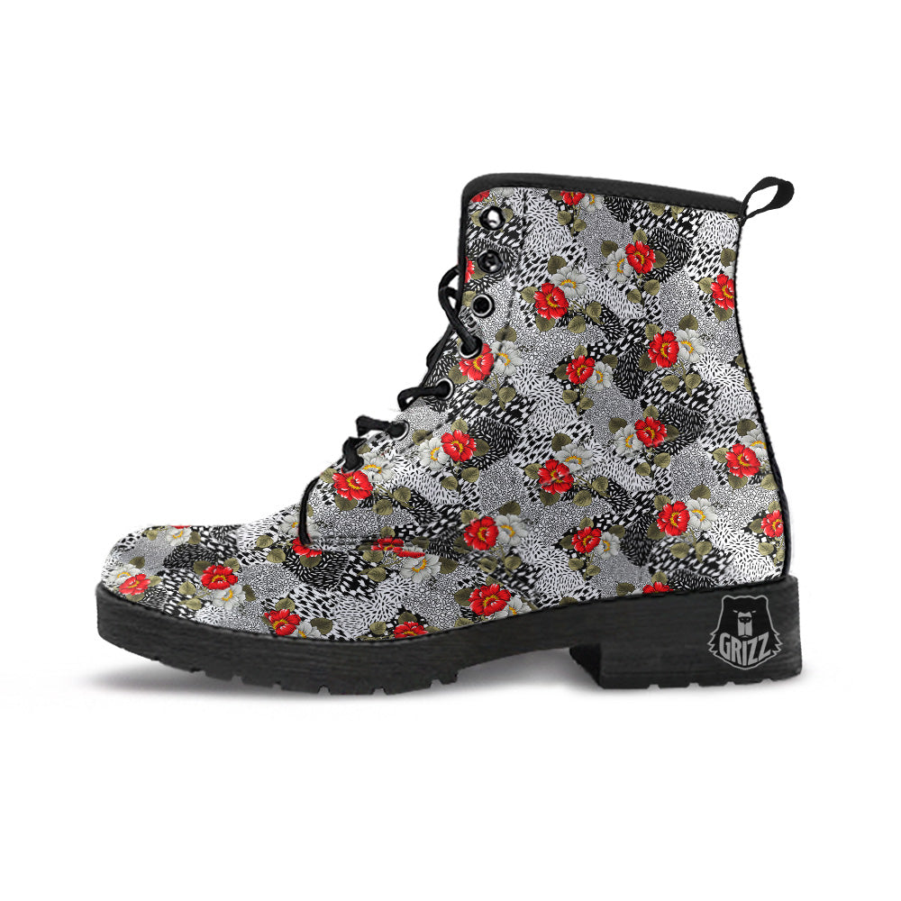 Patchwork Black White And Floral Print Pattern Leather Boots-grizzshop