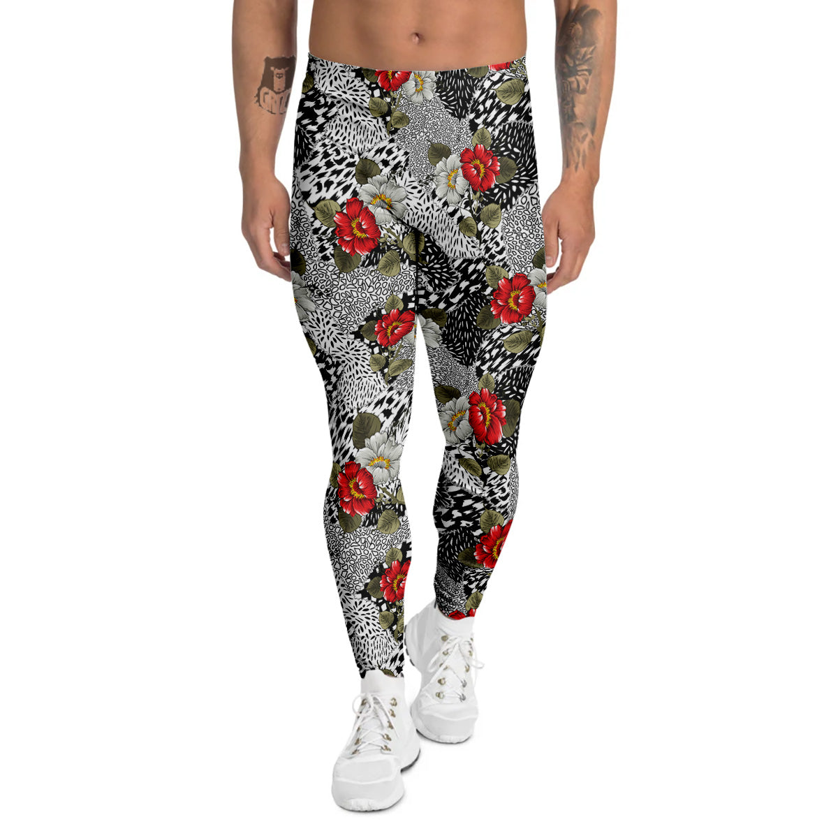 Patchwork Black White And Floral Print Pattern Men's Leggings-grizzshop