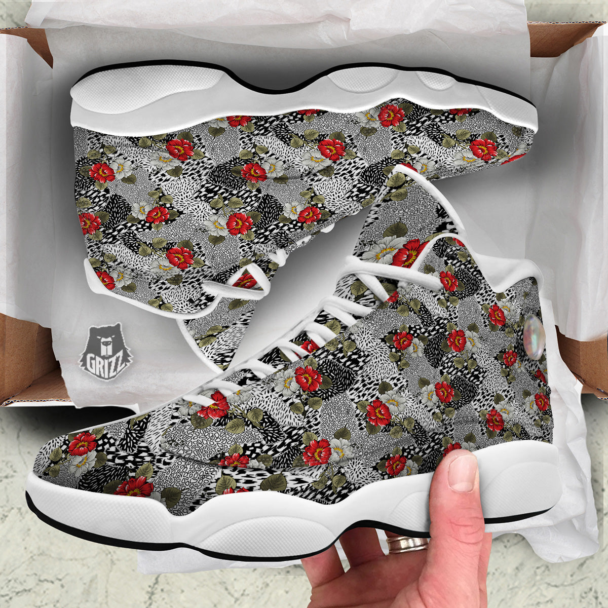 Patchwork Black White And Floral Print Pattern White Basketball Shoes-grizzshop