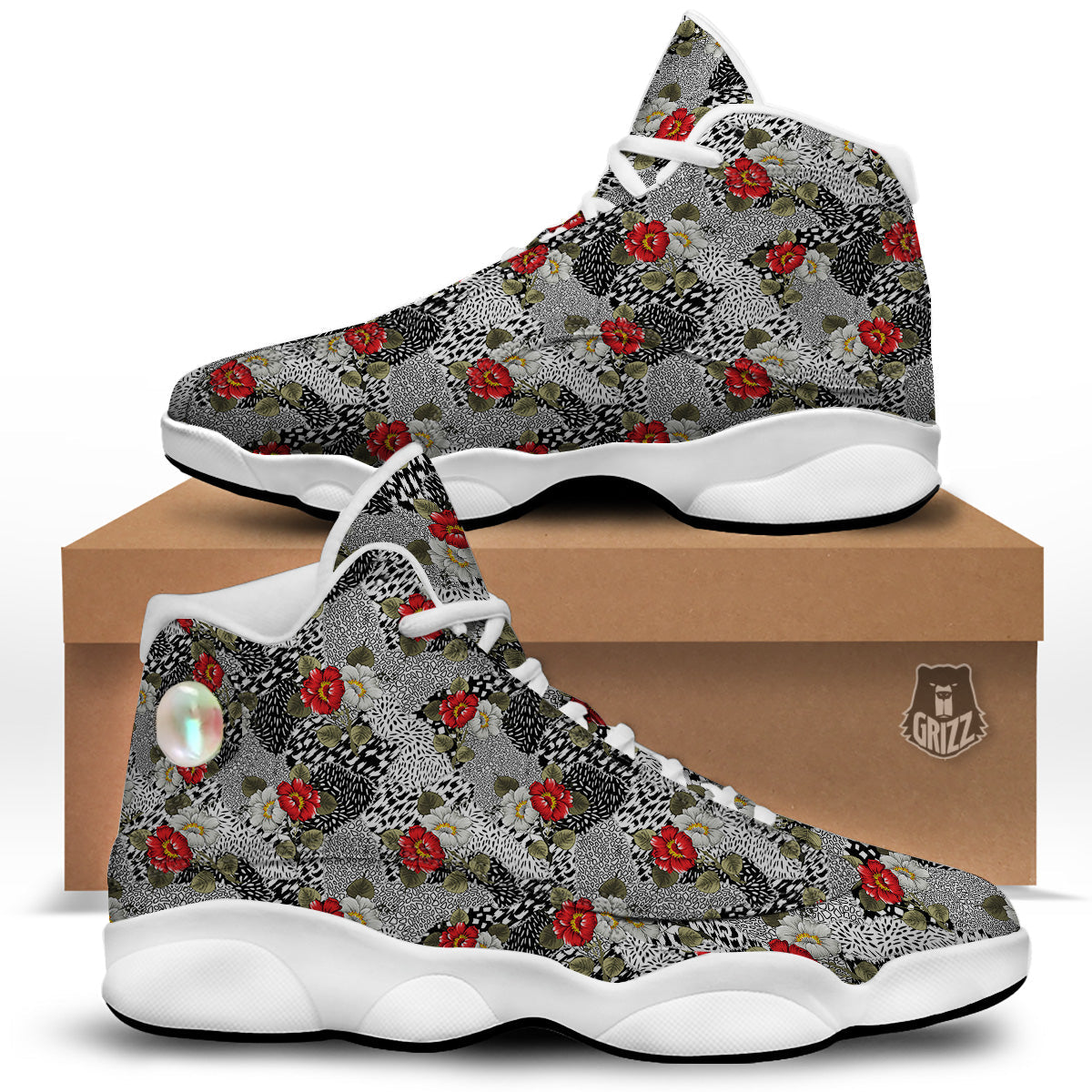 Patchwork Black White And Floral Print Pattern White Basketball Shoes-grizzshop