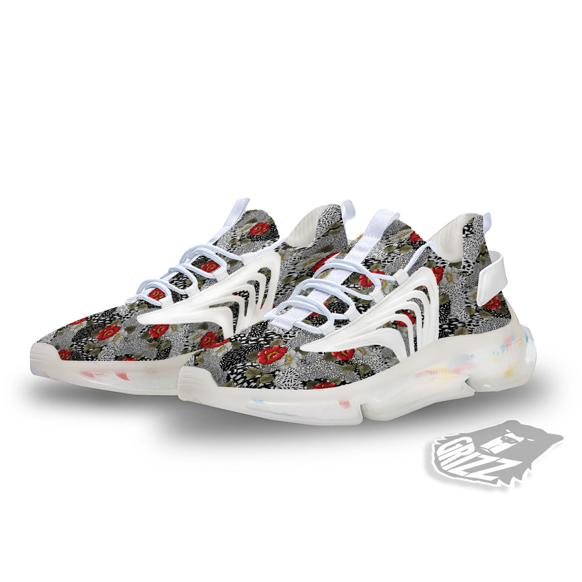 Patchwork Black White And Floral Print Pattern White Gym Shoes-grizzshop