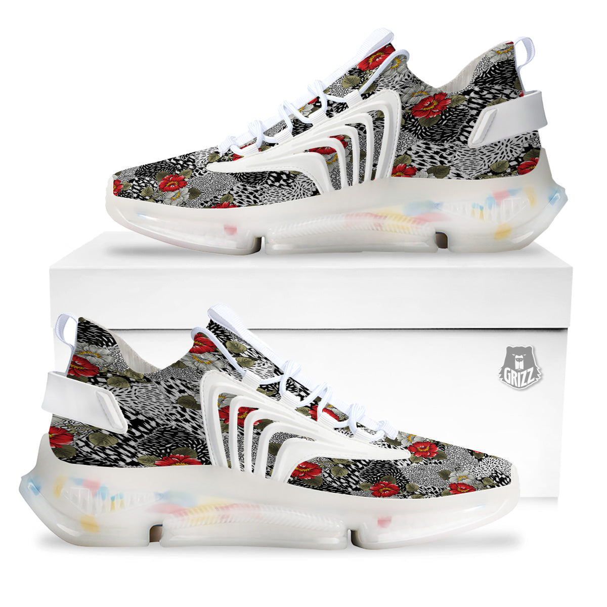 Patchwork Black White And Floral Print Pattern White Gym Shoes-grizzshop