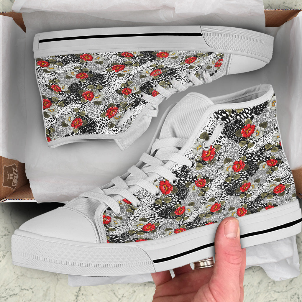 Patchwork Black White And Floral Print Pattern White High Top Shoes-grizzshop