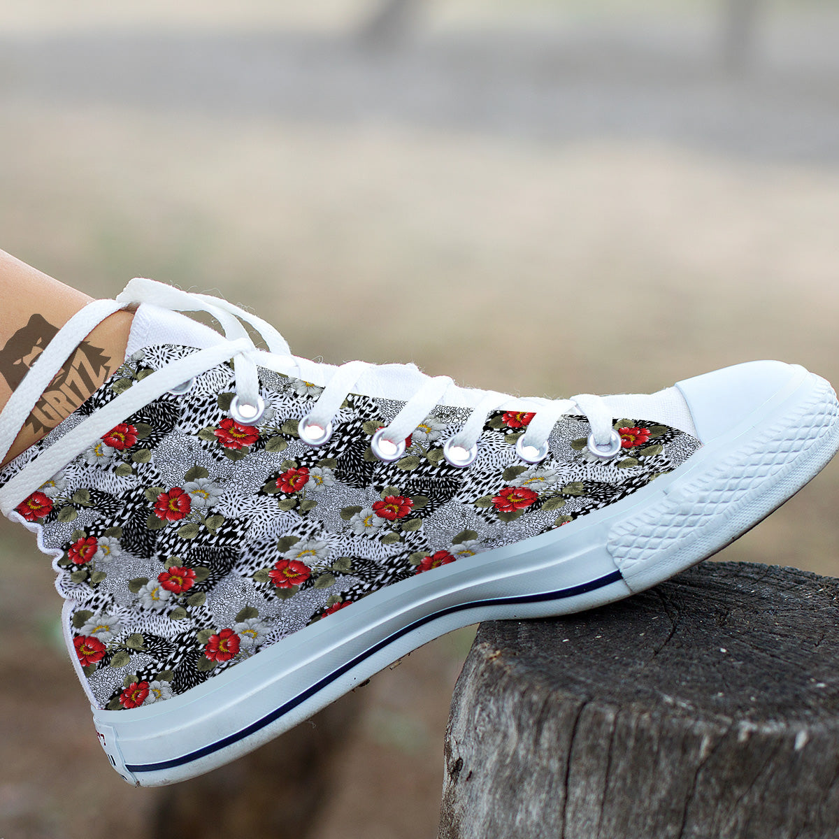 Patchwork Black White And Floral Print Pattern White High Top Shoes-grizzshop
