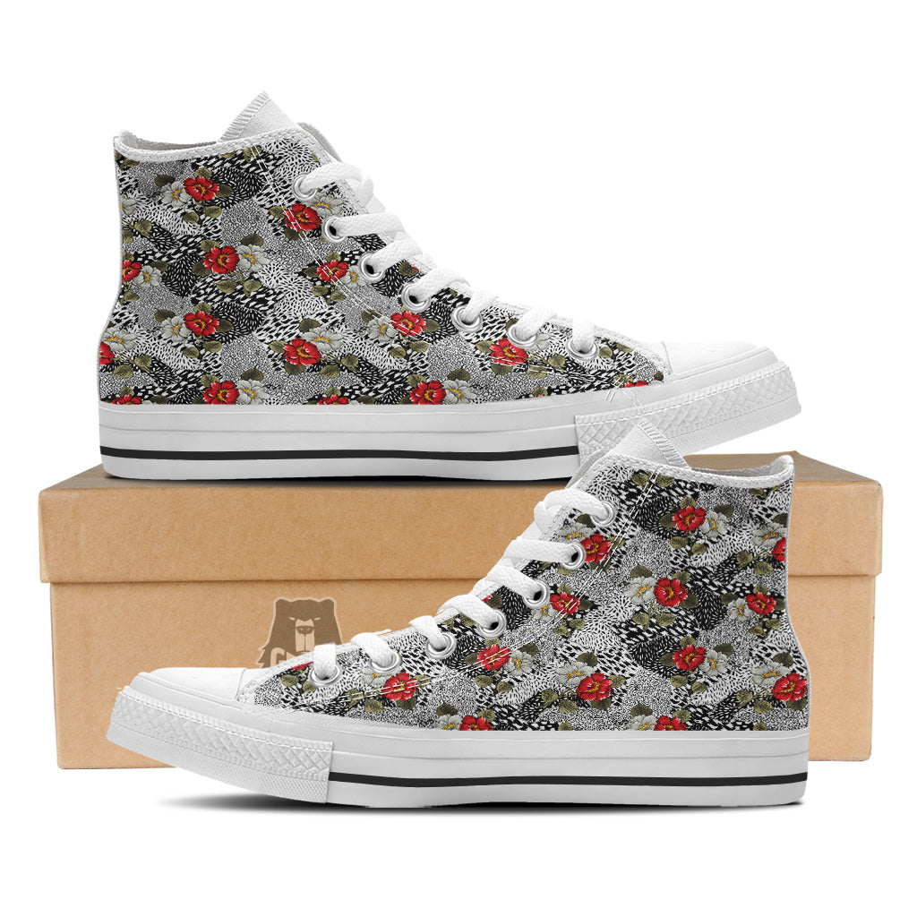 Patchwork Black White And Floral Print Pattern White High Top Shoes-grizzshop