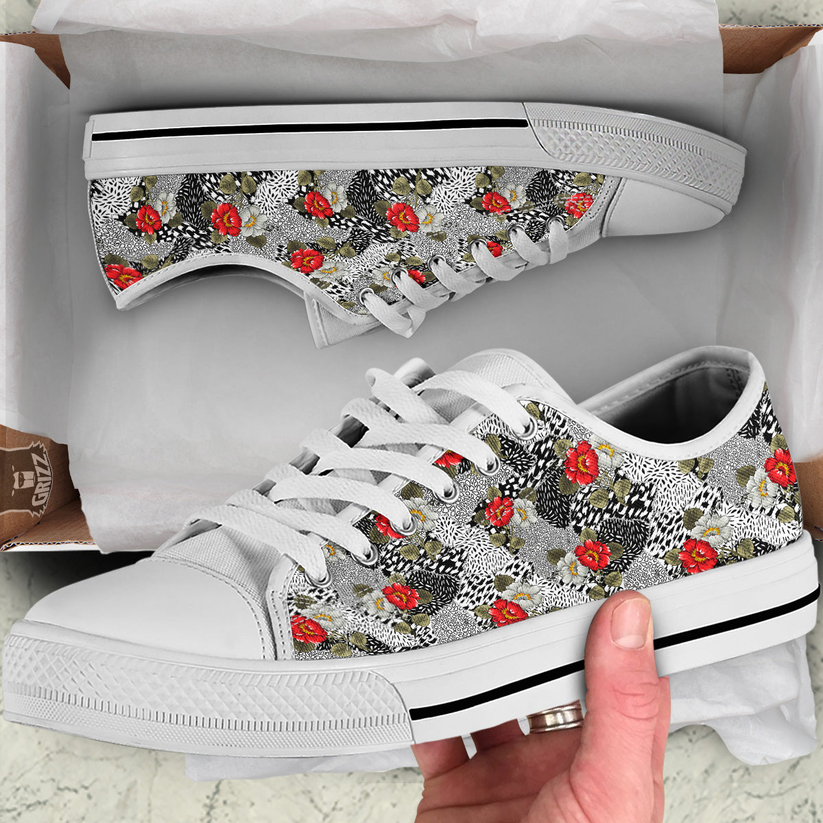 Patchwork Black White And Floral Print Pattern White Low Top Shoes-grizzshop