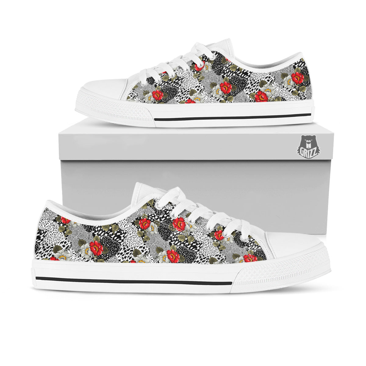 Patchwork Black White And Floral Print Pattern White Low Top Shoes-grizzshop