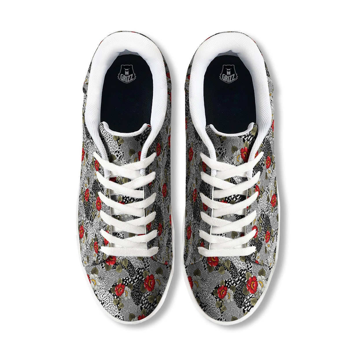 Patchwork Black White And Floral Print Pattern White Low Top Sneakers-grizzshop