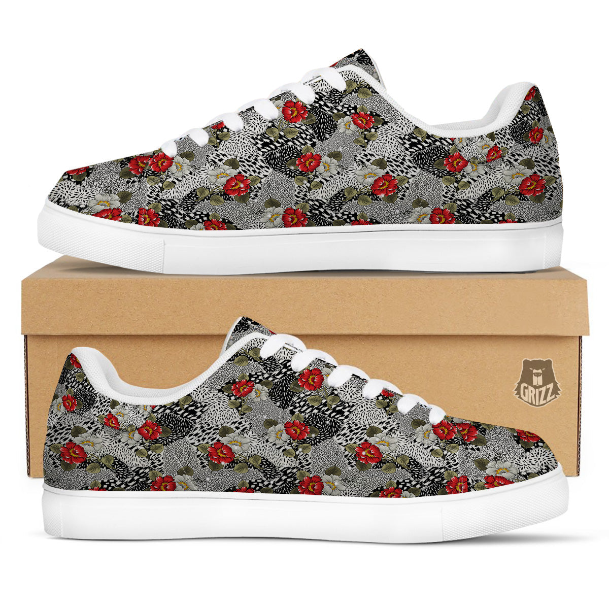 Patchwork Black White And Floral Print Pattern White Low Top Sneakers-grizzshop