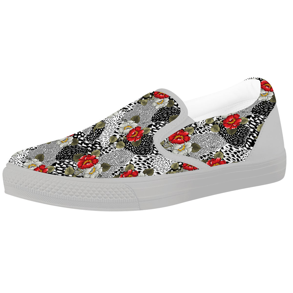 Patchwork Black White And Floral Print Pattern White Slip On Shoes-grizzshop