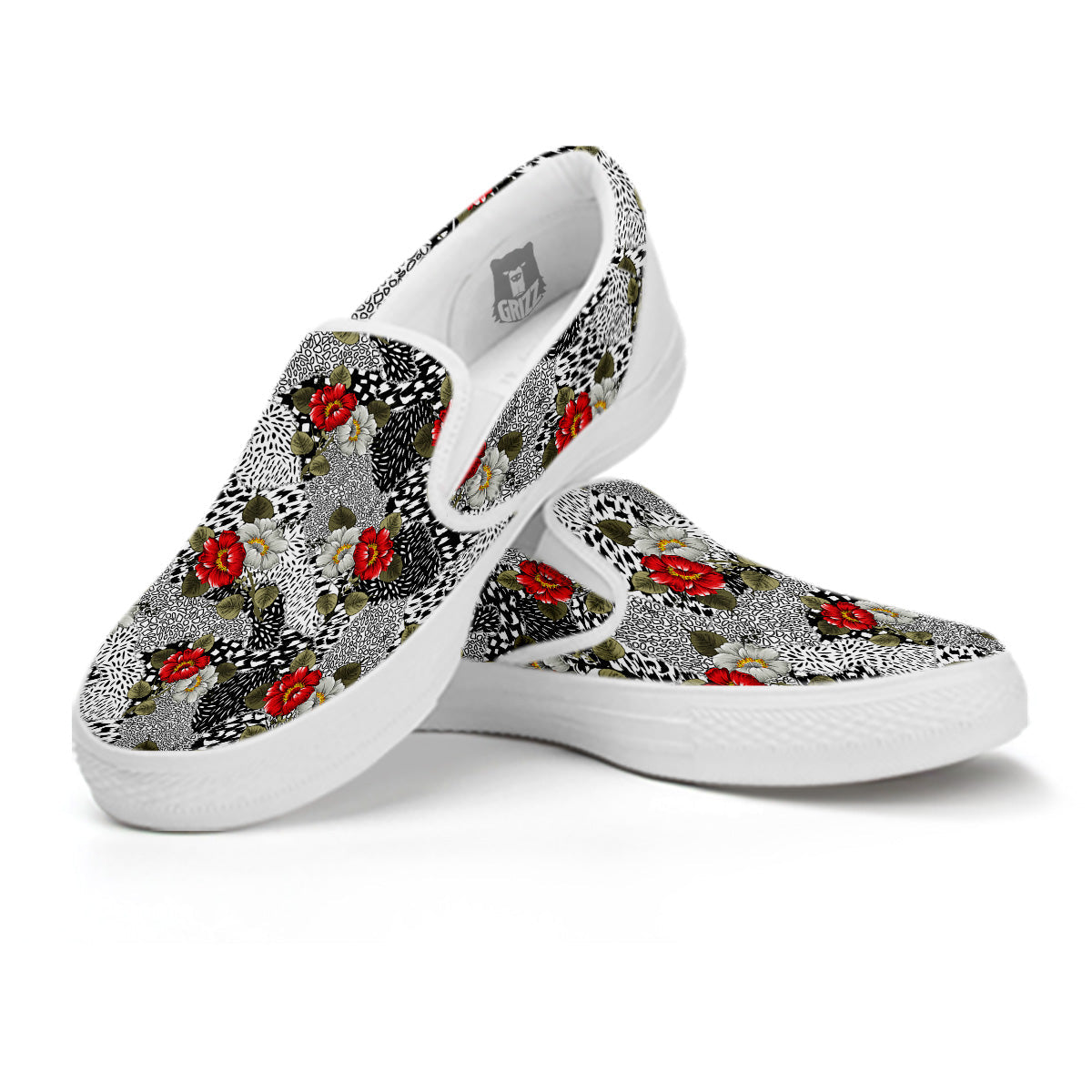 Patchwork Black White And Floral Print Pattern White Slip On Shoes-grizzshop