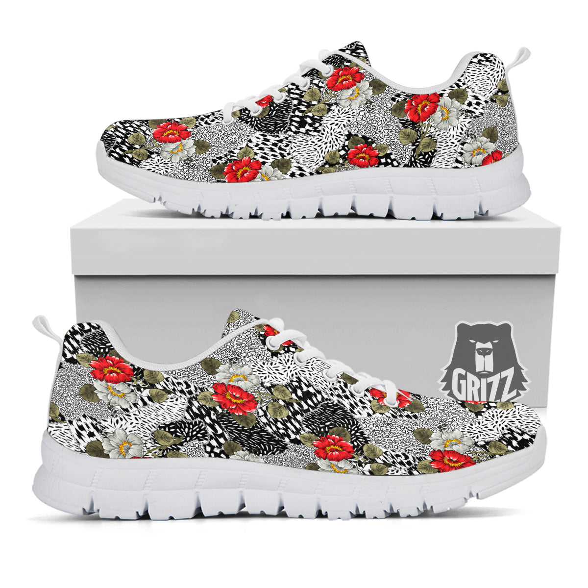 Patchwork Black White And Floral Print Pattern White Sneaker-grizzshop