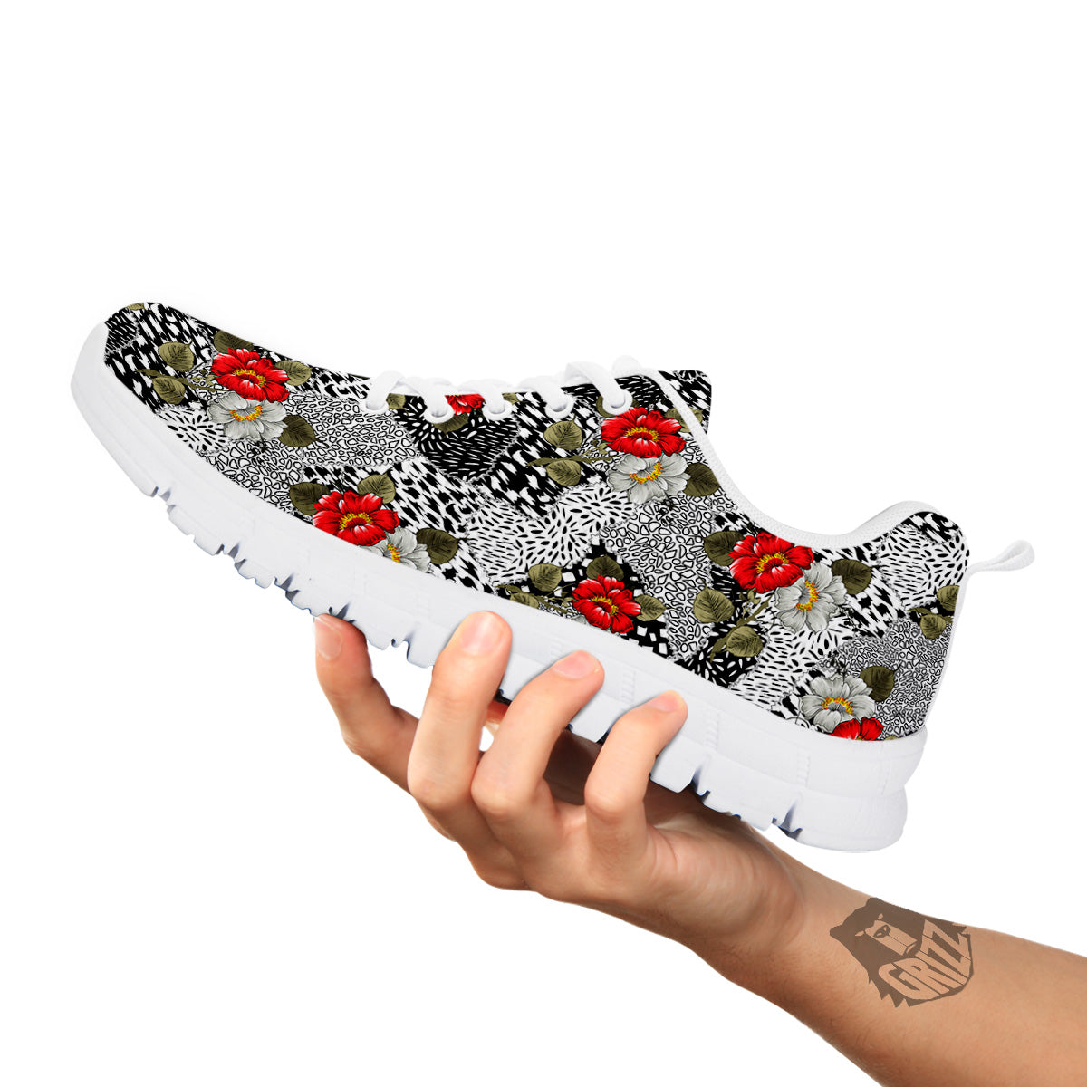 Patchwork Black White And Floral Print Pattern White Sneaker-grizzshop