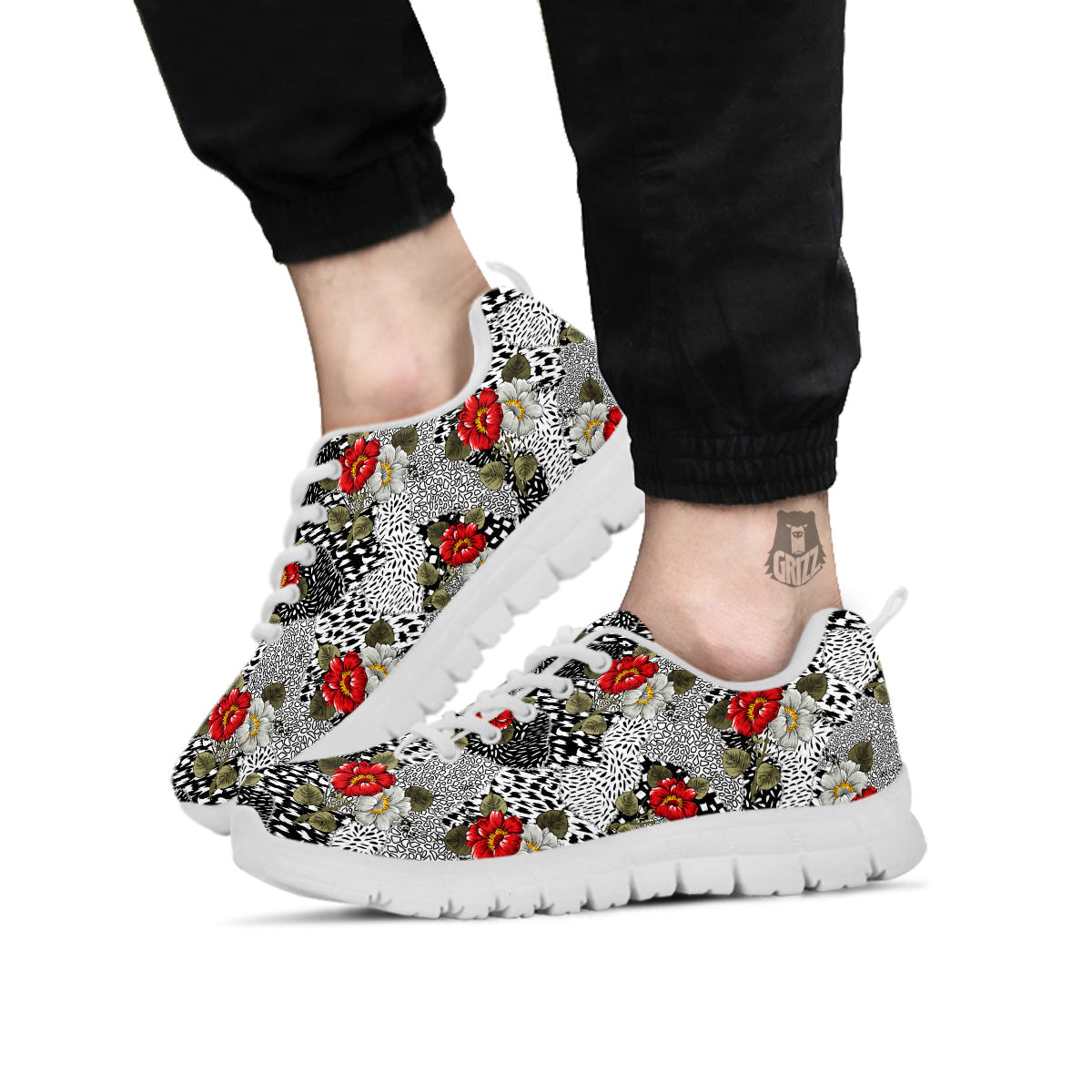 Patchwork Black White And Floral Print Pattern White Sneaker-grizzshop