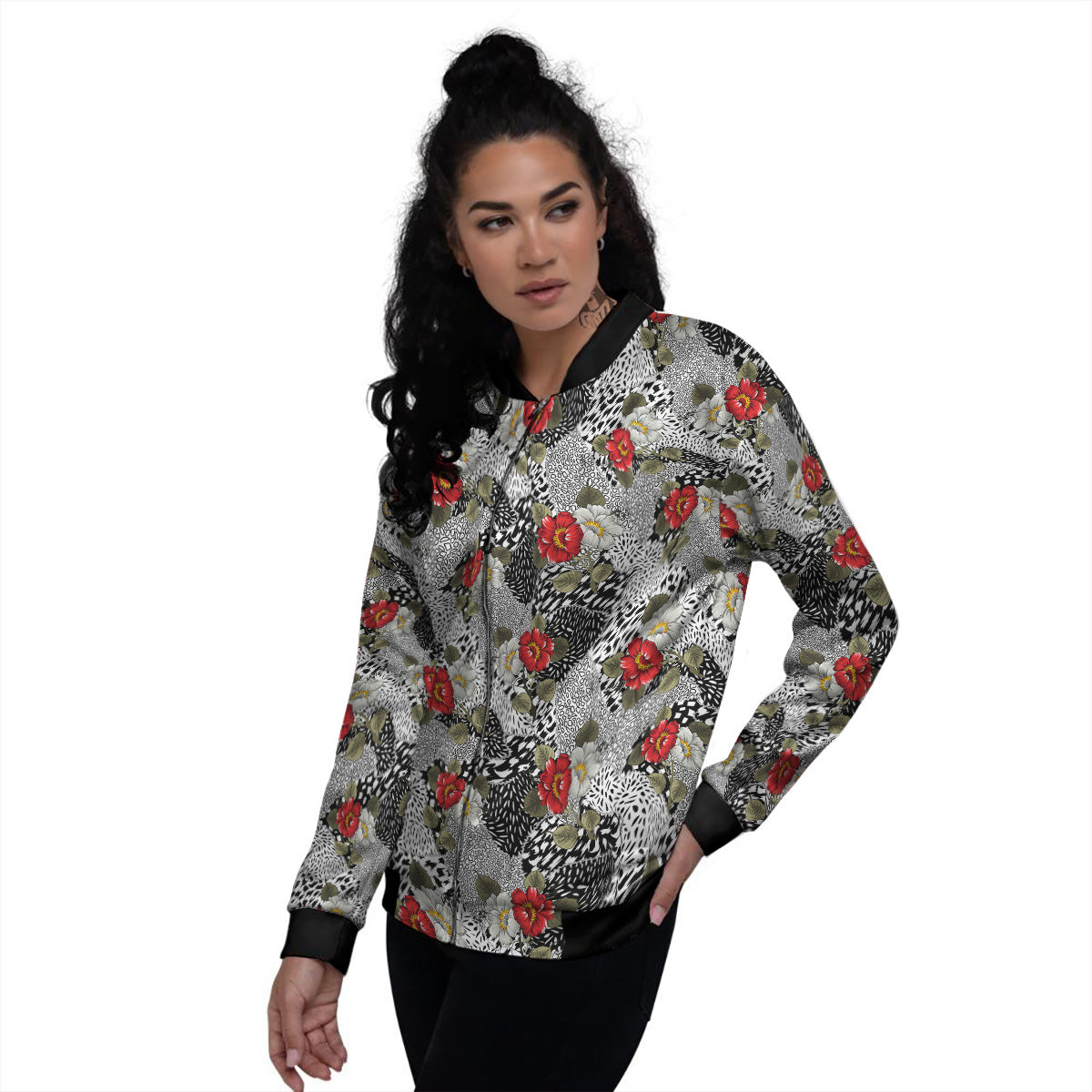 Patchwork Black White And Floral Print Pattern Women's Bomber Jacket-grizzshop