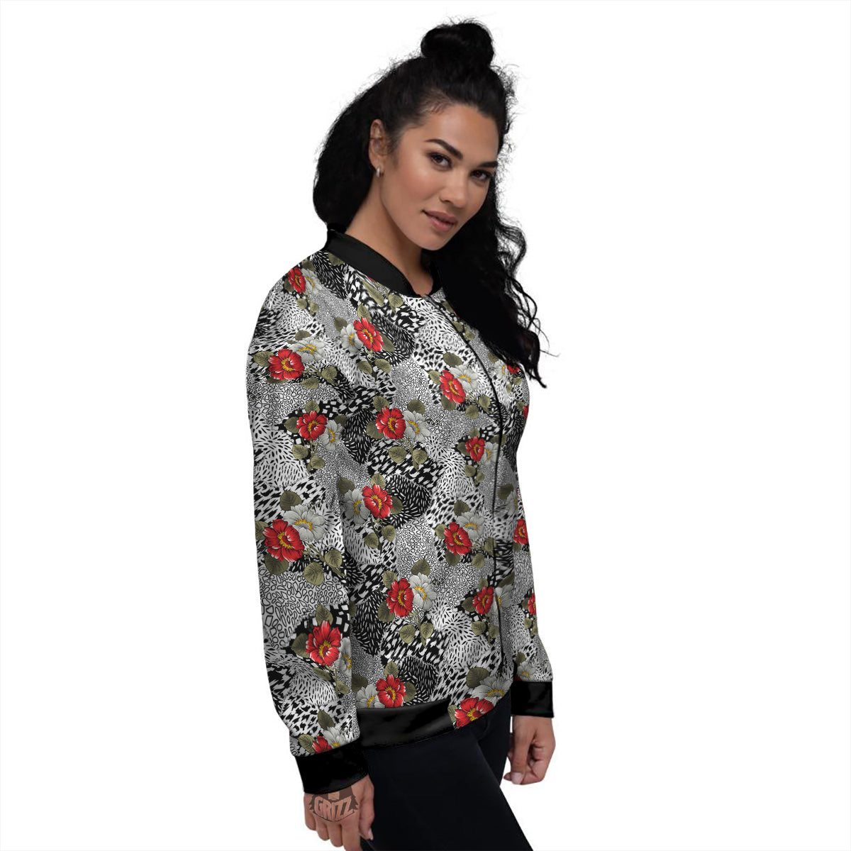 Patchwork Black White And Floral Print Pattern Women's Bomber Jacket-grizzshop