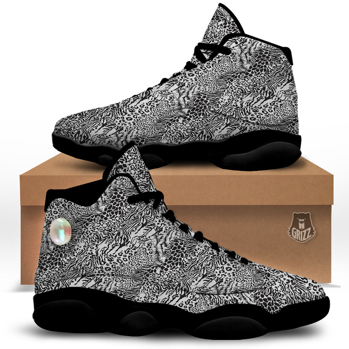 Patchwork Black White Animal Skins Print Pattern Black Basketball Shoes-grizzshop