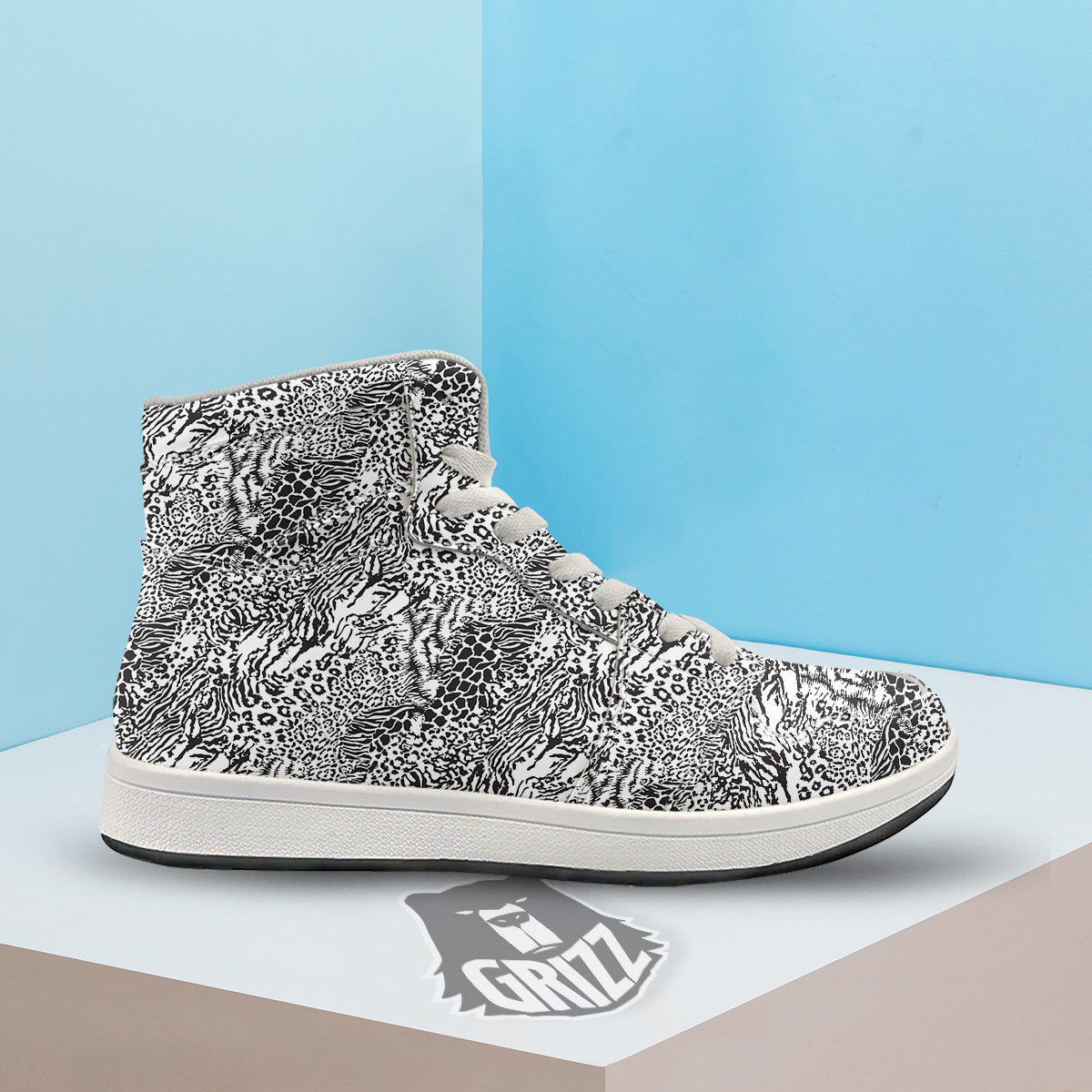 Patchwork Black White Animal Skins Print Pattern High Top Sneakers-grizzshop