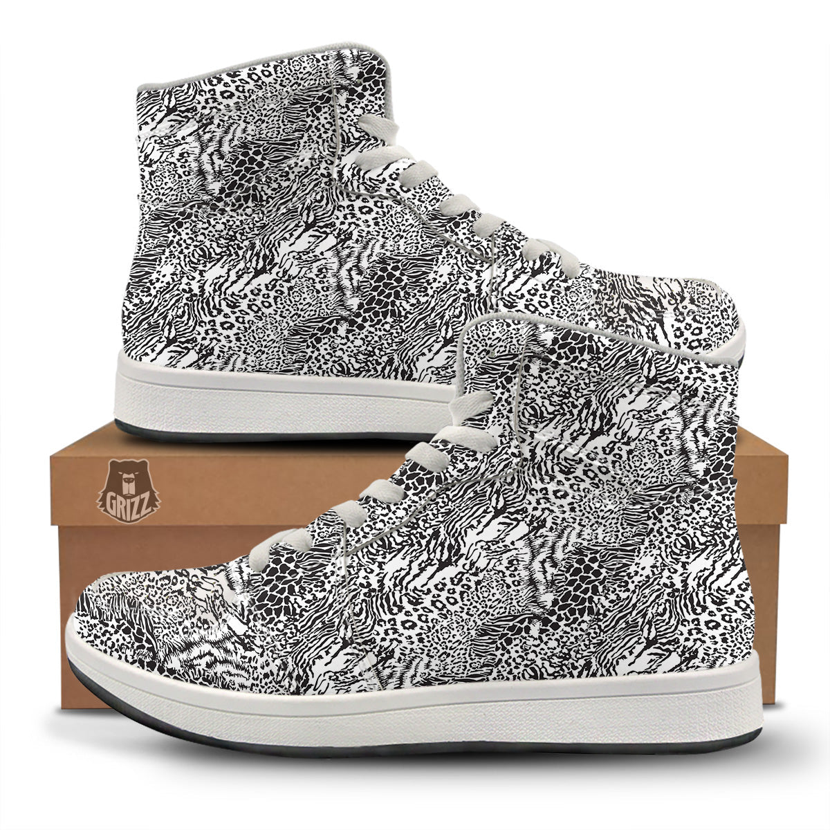 Patchwork Black White Animal Skins Print Pattern High Top Sneakers-grizzshop