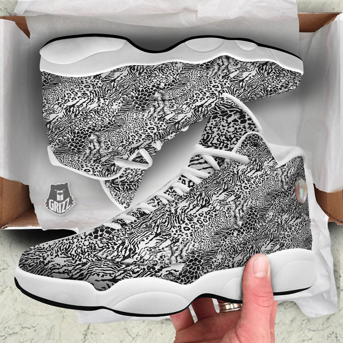 Patchwork Black White Animal Skins Print Pattern White Basketball Shoes-grizzshop