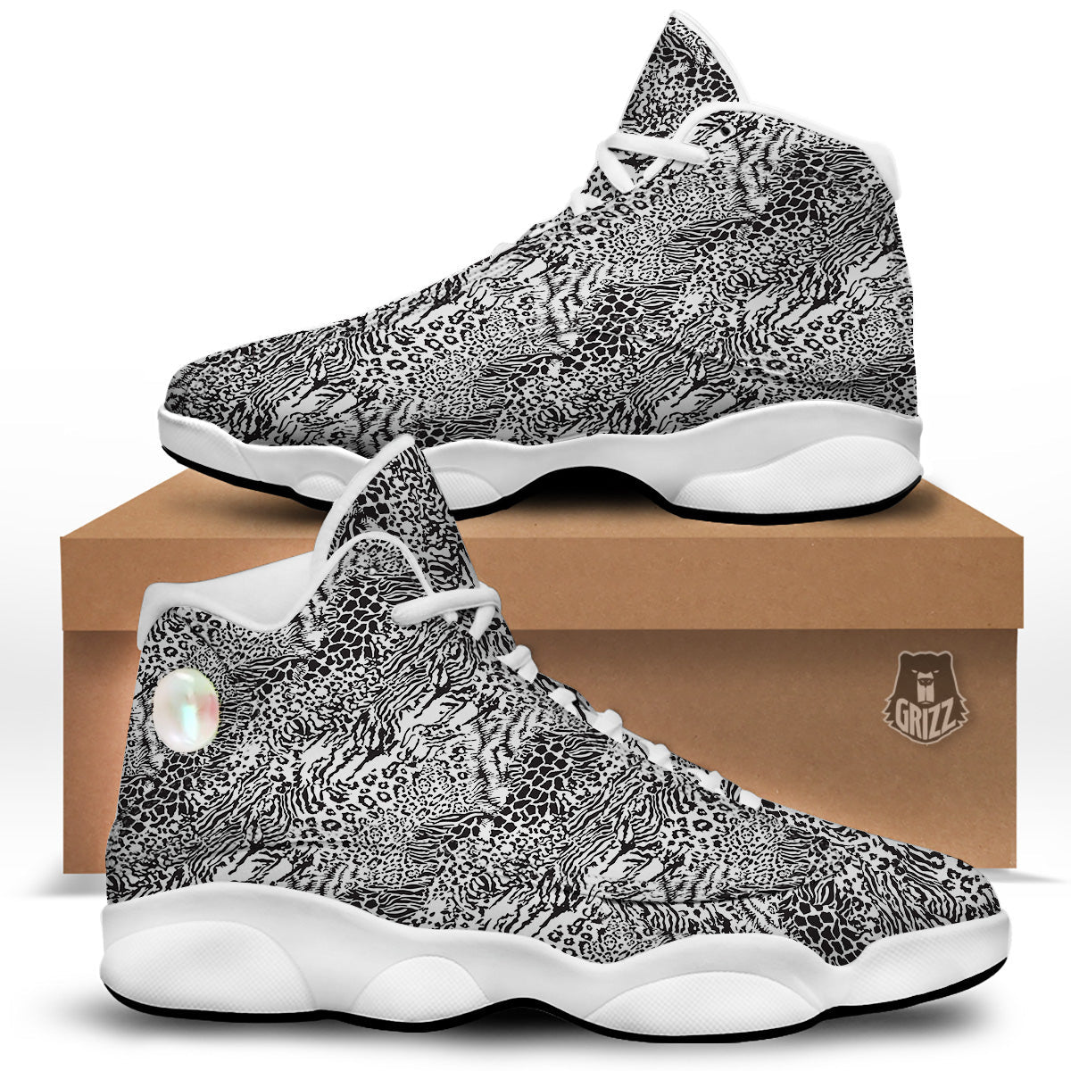 Patchwork Black White Animal Skins Print Pattern White Basketball Shoes-grizzshop