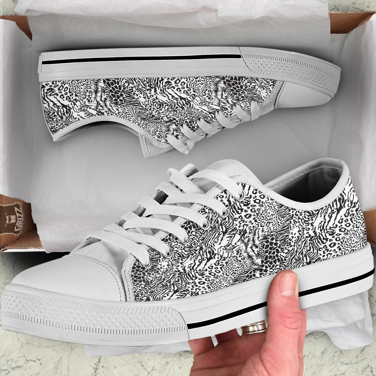 Patchwork Black White Animal Skins Print Pattern White Low Top Shoes-grizzshop