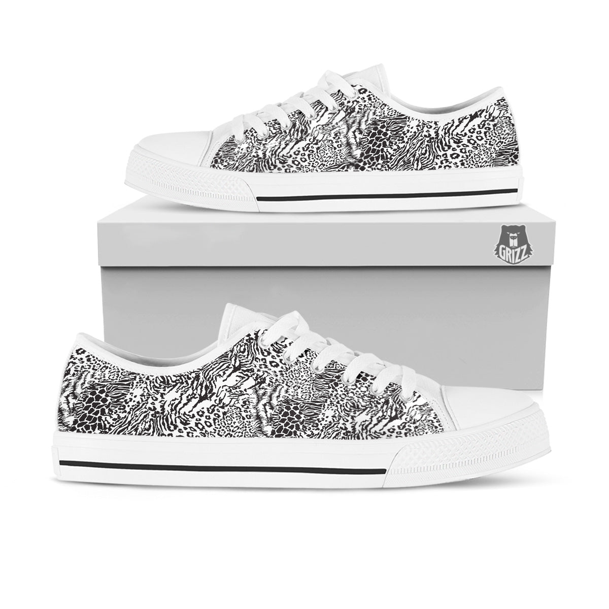 Patchwork Black White Animal Skins Print Pattern White Low Top Shoes-grizzshop