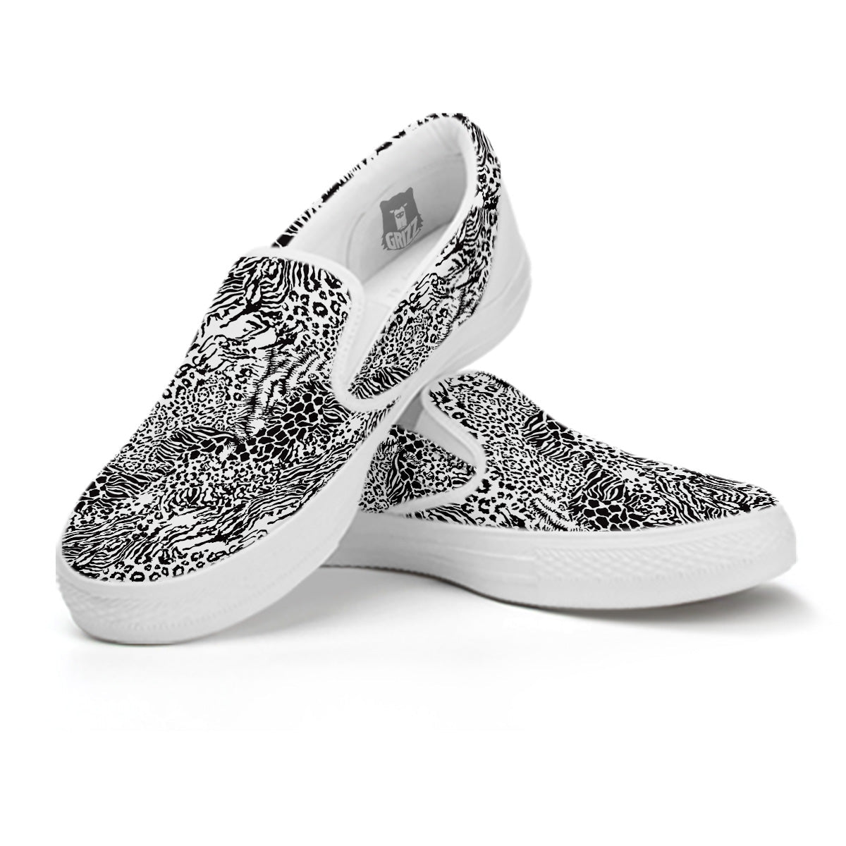 Patchwork Black White Animal Skins Print Pattern White Slip On Shoes-grizzshop