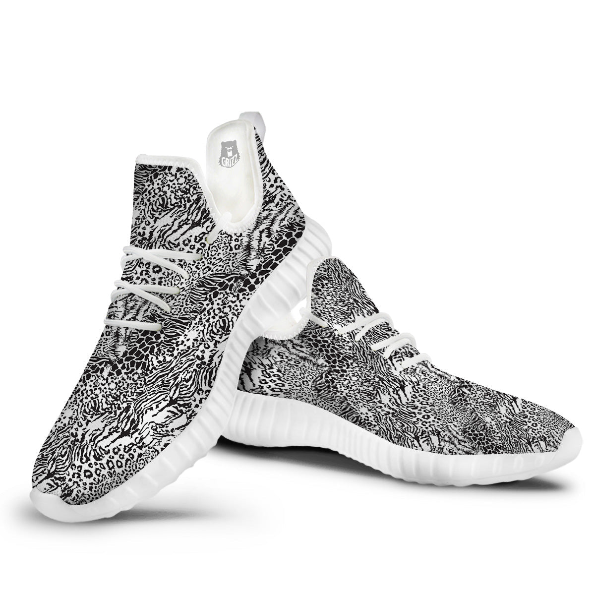 Patchwork Black White Animal Skins Print Pattern White Walking Shoes-grizzshop