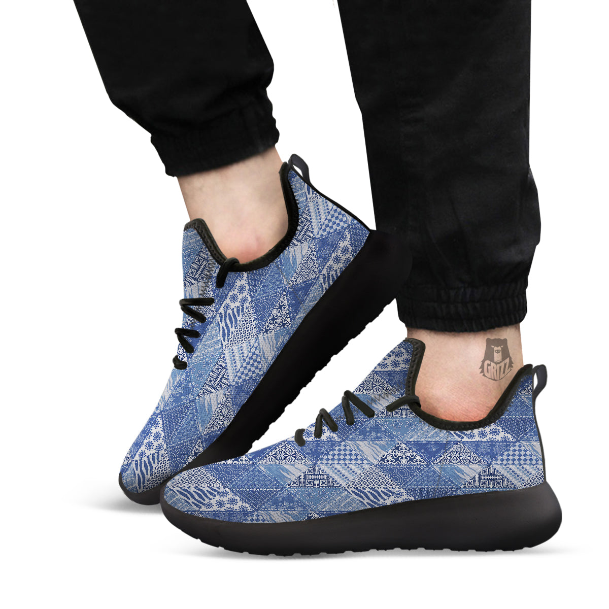 Patchwork Blue Denim Print Pattern Black Athletic Shoes-grizzshop