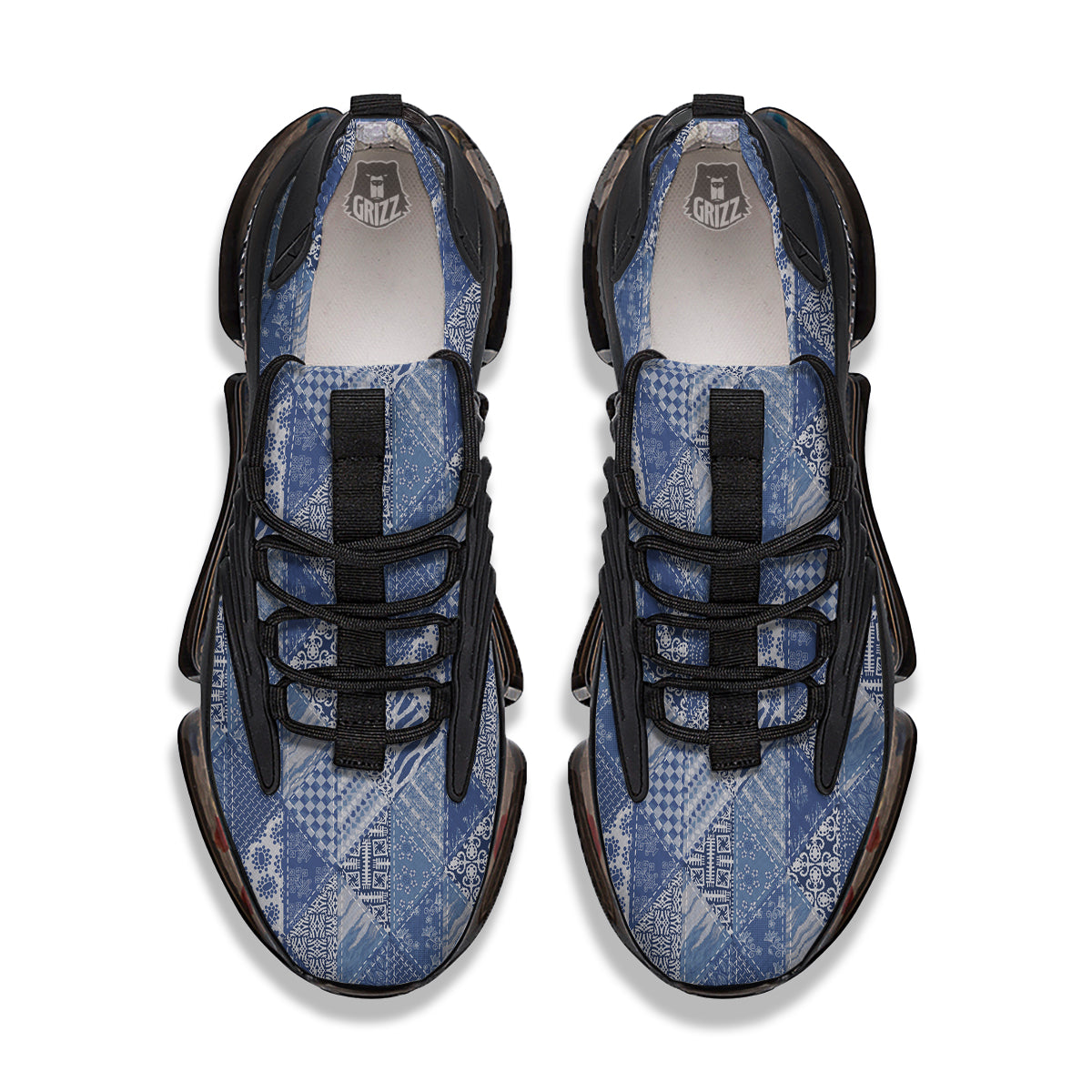 Patchwork Blue Denim Print Pattern Black Gym Shoes-grizzshop
