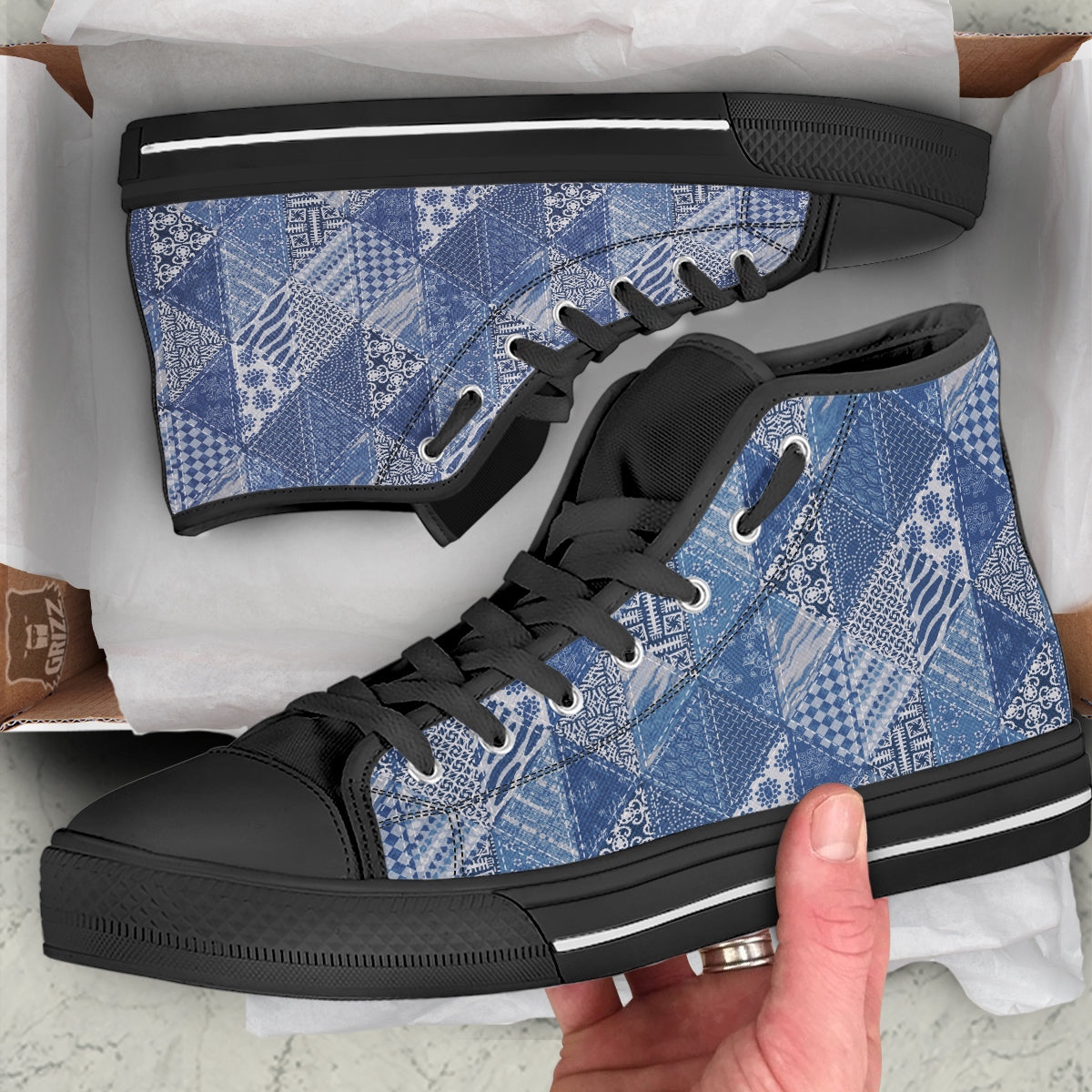 Patchwork Blue Denim Print Pattern Black High Top Shoes-grizzshop