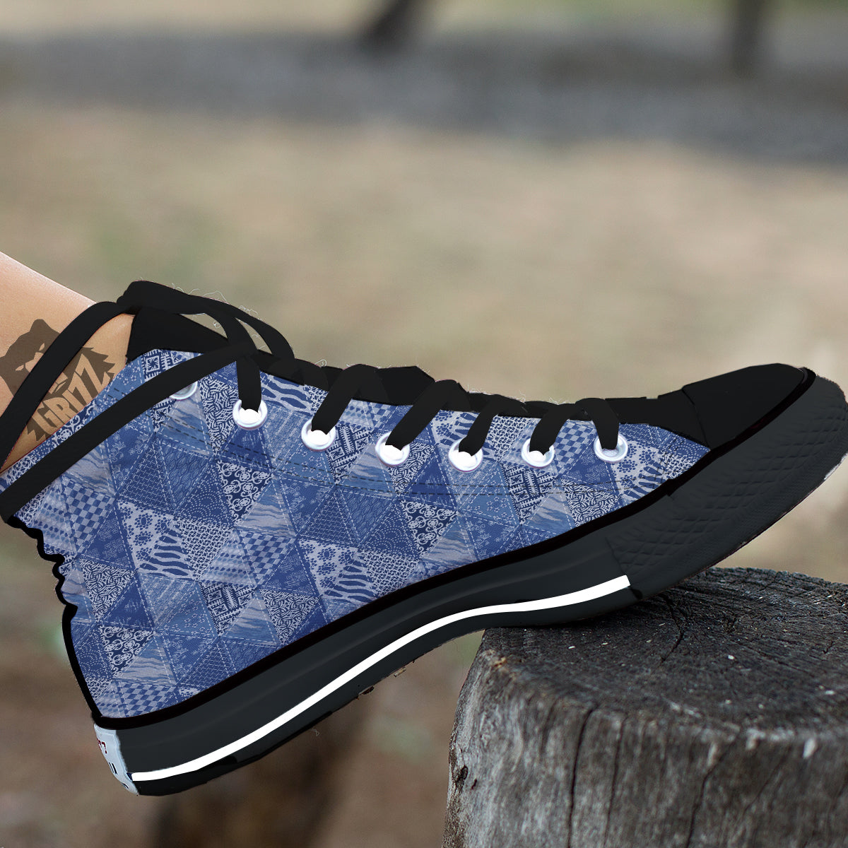 Patchwork Blue Denim Print Pattern Black High Top Shoes-grizzshop
